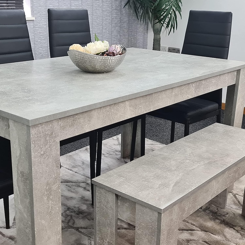 image 1 of Modern Grey Dining Table Set with 4 Black Chairs And Bench Dining Room Furniture Set | Black | One Size | 6