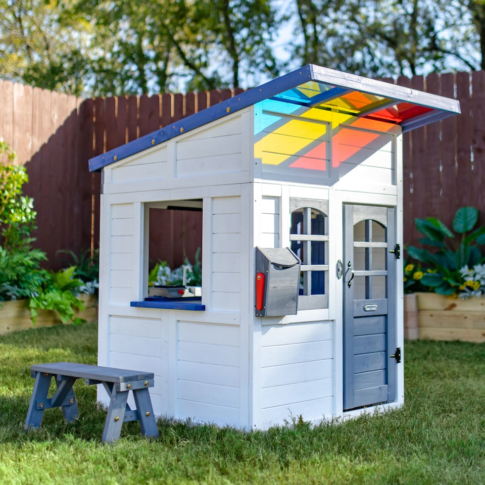 image 1 of Teamson Kids Wooden Playhouse Wendy House with Rainbow Shade, Kitchen, Flower Box & Bench, White