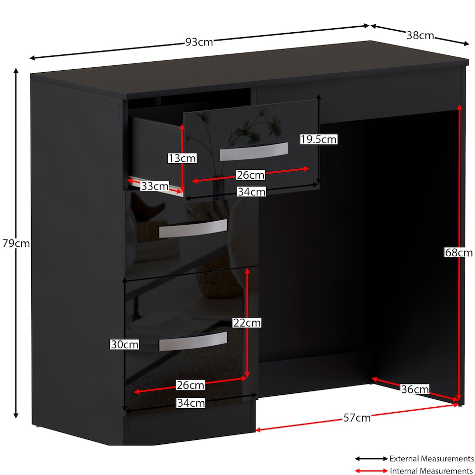image 1 of Vida Designs Hulio 3 Drawer Dressing Table High Gloss Vanity Makeup Desk, Black