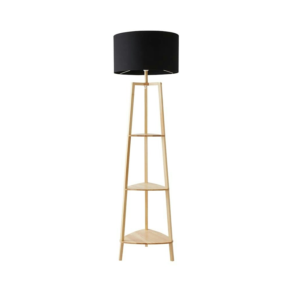 image 1 of ValueLights Hiru Wooden 3 Tier Shelf Floor Lamp Black Shade Black