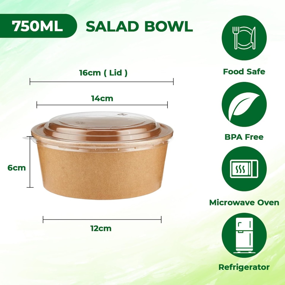 image 1 of ECONX 26oz 750ml Salad Paper Bowls with Lids Disposable Takeaway Bowls Food Container 100pc