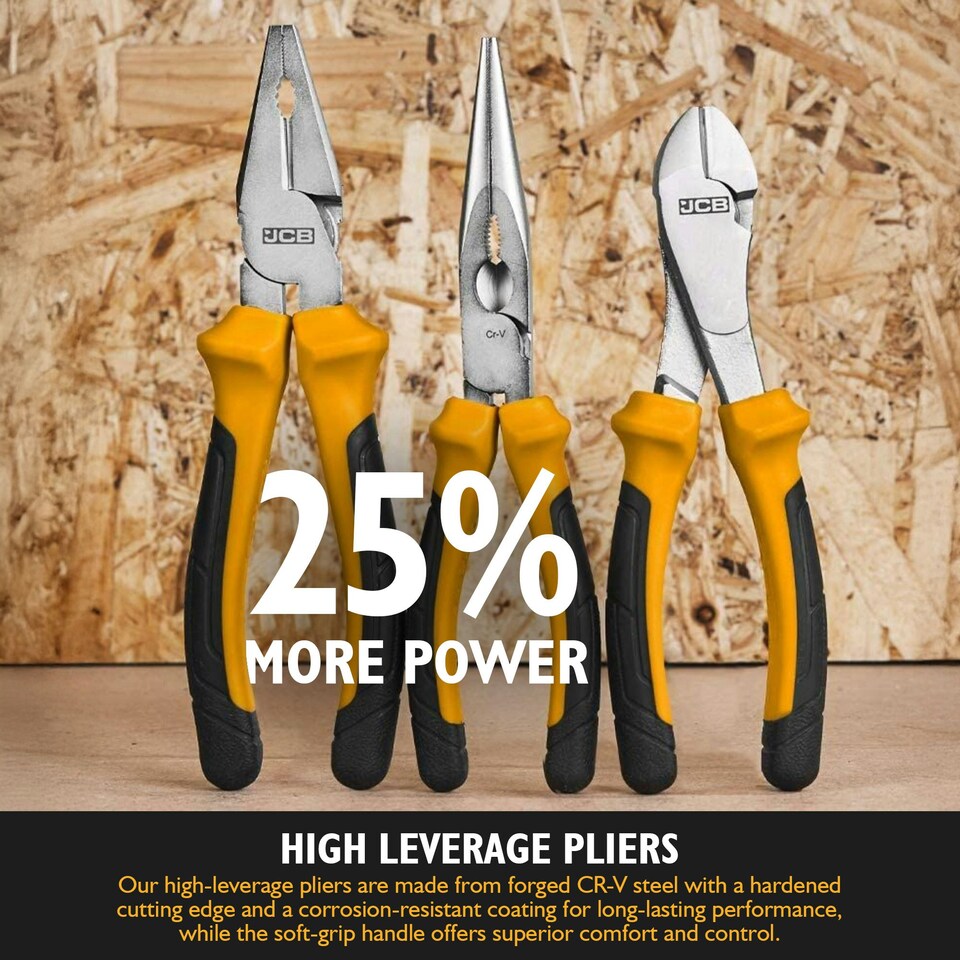 image 1 of JCB Tools 3 Piece Plier Set, Heavy-Duty Steel Hand Tools | JCB-3PC-P