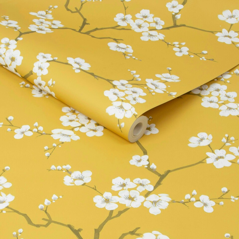 image 1 of Fresco Ochre Apple Blossom Floral Wallpaper Yellow | Yellow