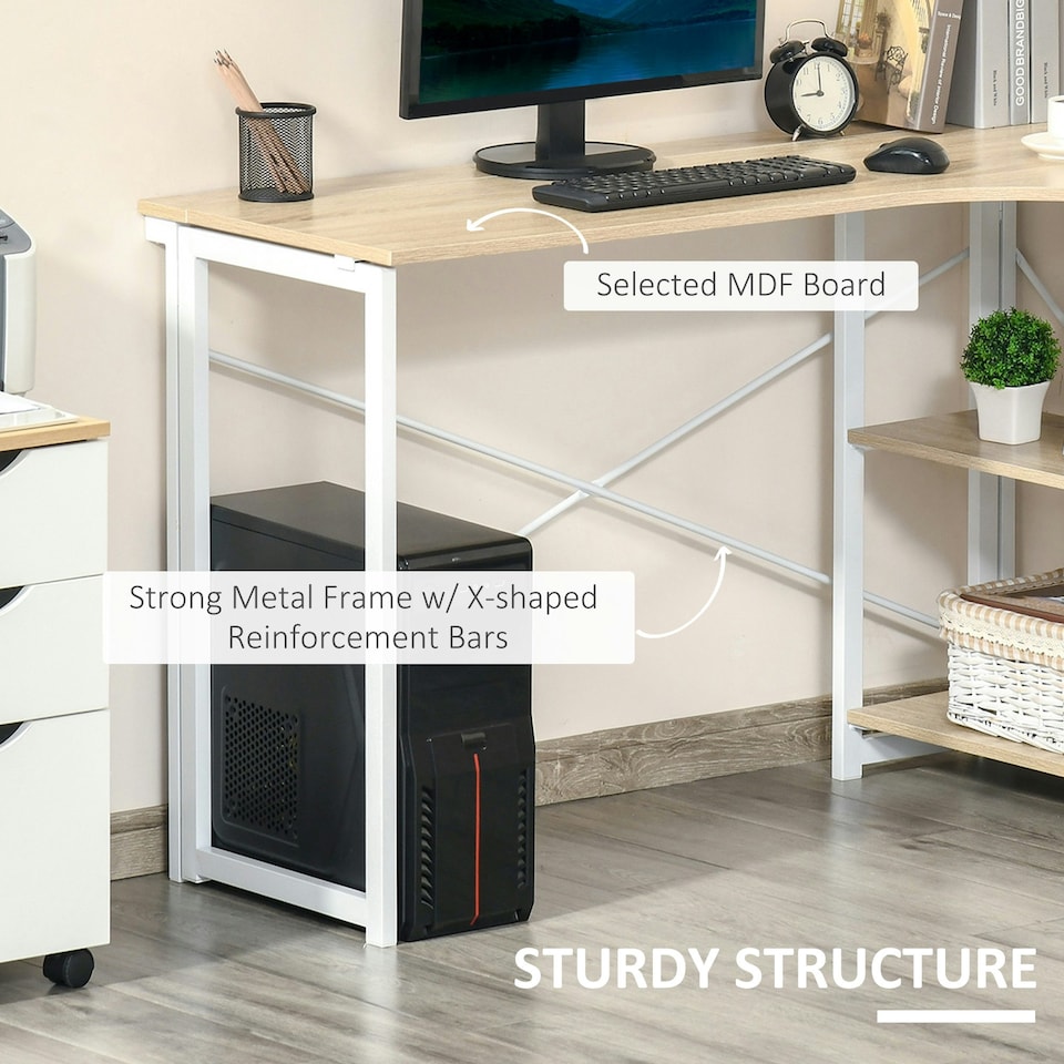 image 1 of HOMCOM L-Shape Folding Computer Desk Study Workstation with 2 Shelves Oak Tone