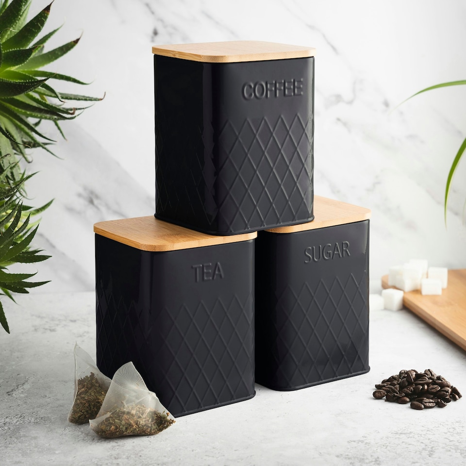 image 1 of Cooks Professional Kitchen Storage Set | 3-Piece Square with Bamboo Lids | Tea Coffee Sugar | Black