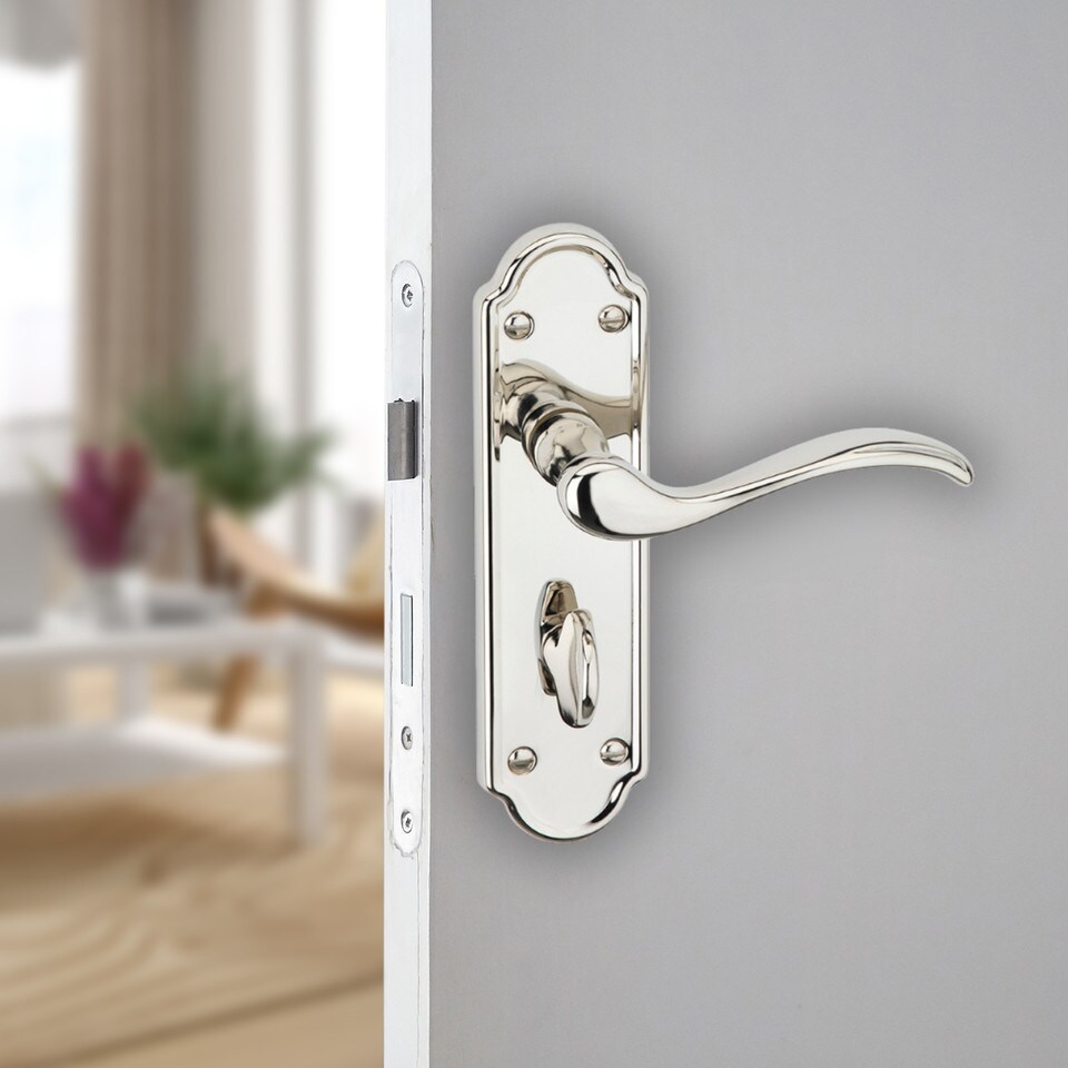 image 1 of Lisbon Metal Lever Latch Door Handles Set Round Rose Internal & External | Silver | Polished Nickel Bathroom