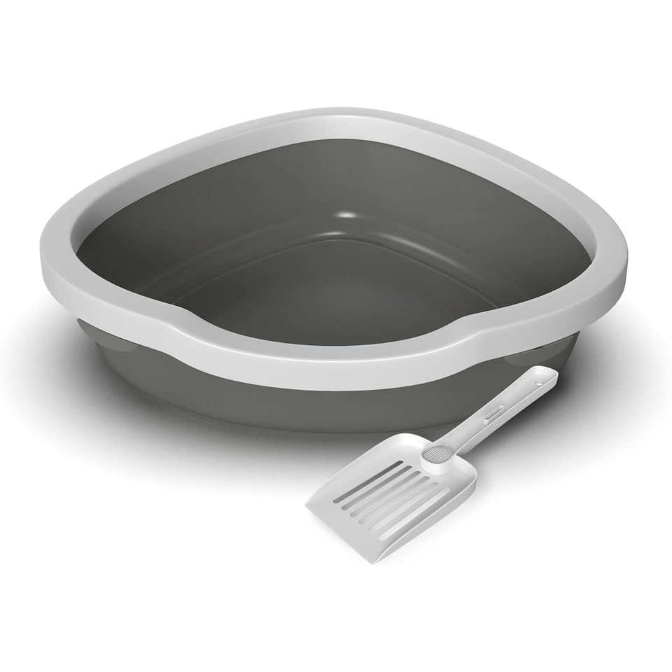 image 1 of Corner Cat Litter Tray with Cleaning Scoop High Sided Rounded Corners Anti-Spill Grey