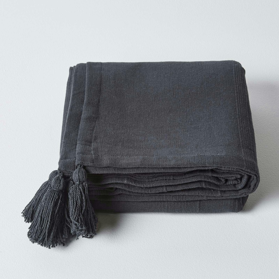 image 1 of Homescapes Cotton Rajput Ribbed Black Throw - 255 x 360 cm | Black