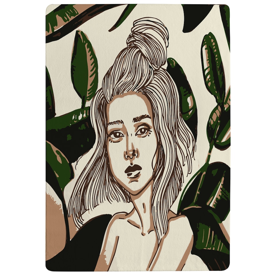 image 1 of Young Woman In Tropical Leaves Designer Rug | Multi