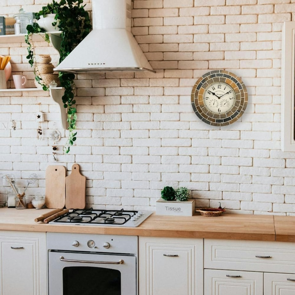 image 1 of Marco Paul 34cm Stone Slate Outside Clock and Thermometer | Multi