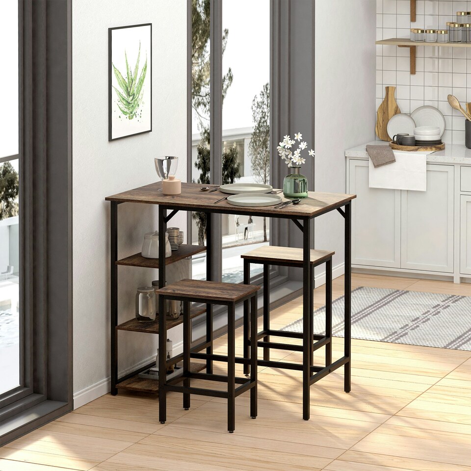 image 1 of HOMCOM Industrial Bar Height Dining Table Set 3 Pieces Bar Set with Shelf