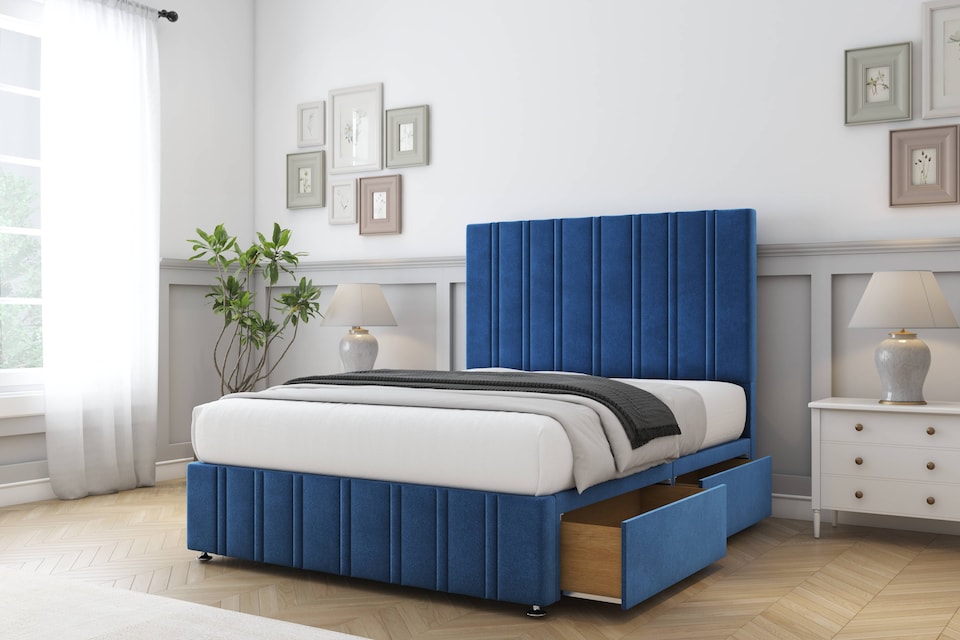 image 1 of Sloomy Langston Navy Plush Divan Bed With Mattress 2 Drawers Footend With 54" Floor Standing Headboard & 12" Matching Footboard 6' Super King | Blue | Navy | Super King | 1