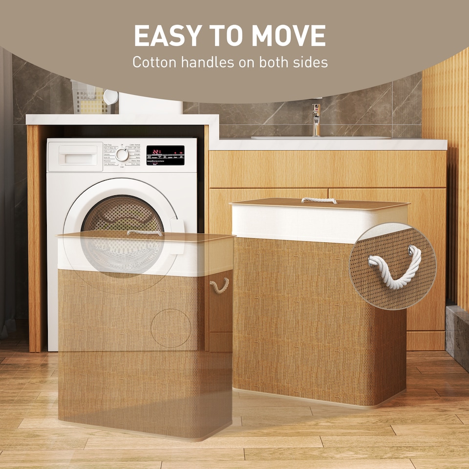 image 1 of HOMCOM Double Laundry Basket with Lid, 100L Bamboo Laundry Hamper with Rope Handles, Washing Basket with Removable Liner for Bathroom, Bedroom, Brown | Brown | Cream White