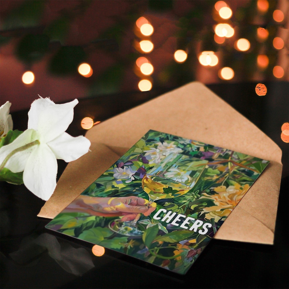 image 1 of Cheers White Wine Lover Drink Floral Oil Painting Congratulations Card