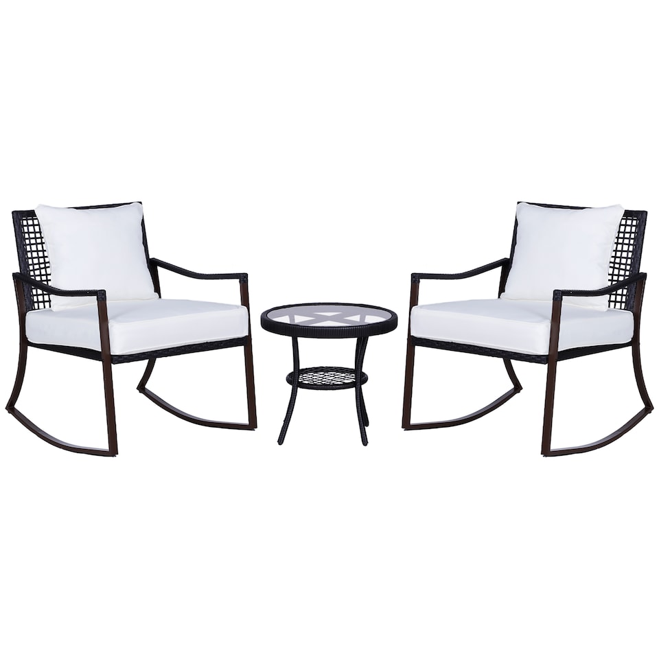 image 1 of Outsunny Rattan Bistro Set, 3 Pieces Wicker Garden Furniture Set with Rocking Chairs and Round Glass Top Coffee Table, Small Balcony Furniture with Cushions for Outdoor, Porch, Brown