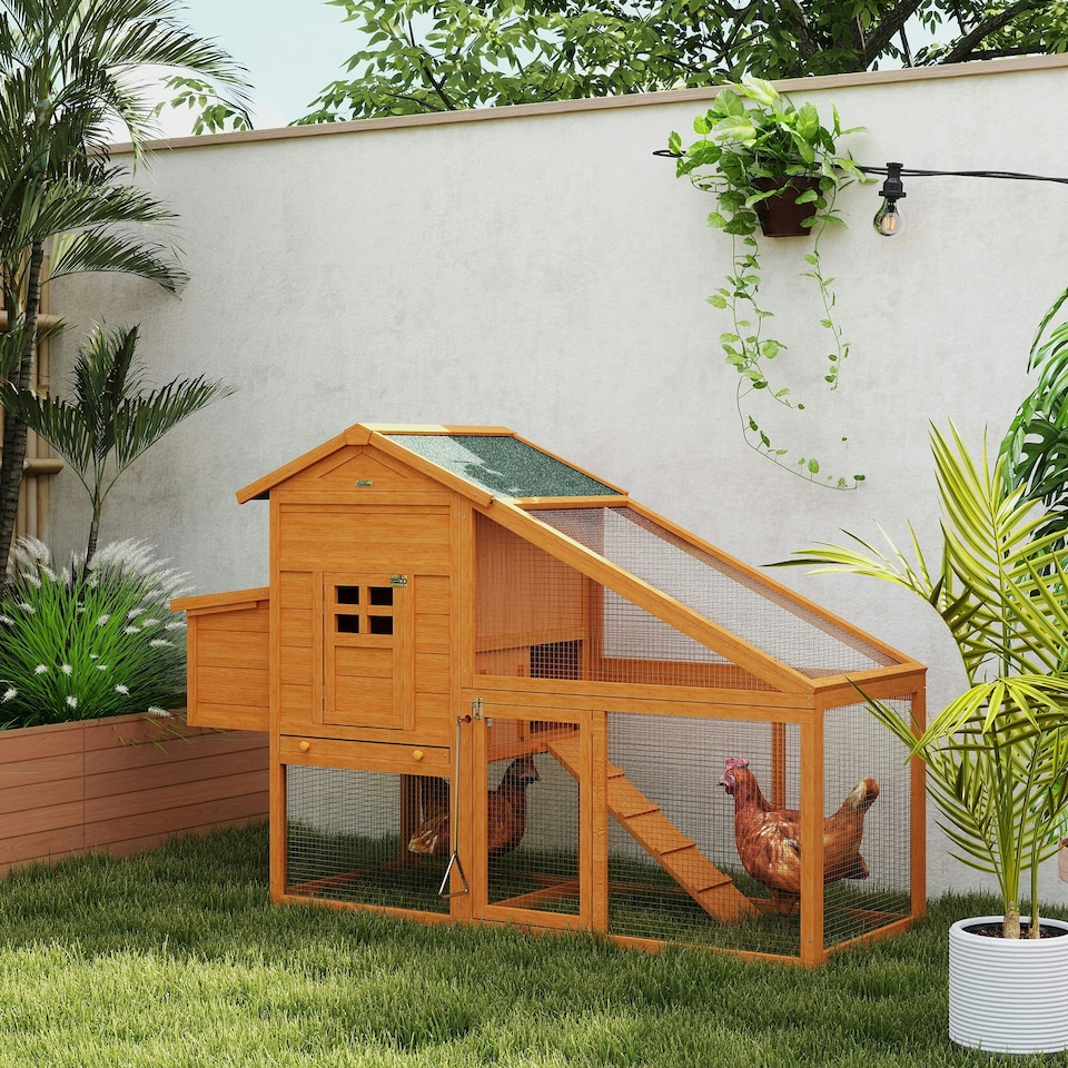 image 1 of PawHut Wooden Chicken Coop with Run, Nesting Box, Slide-out Tray, Ramp