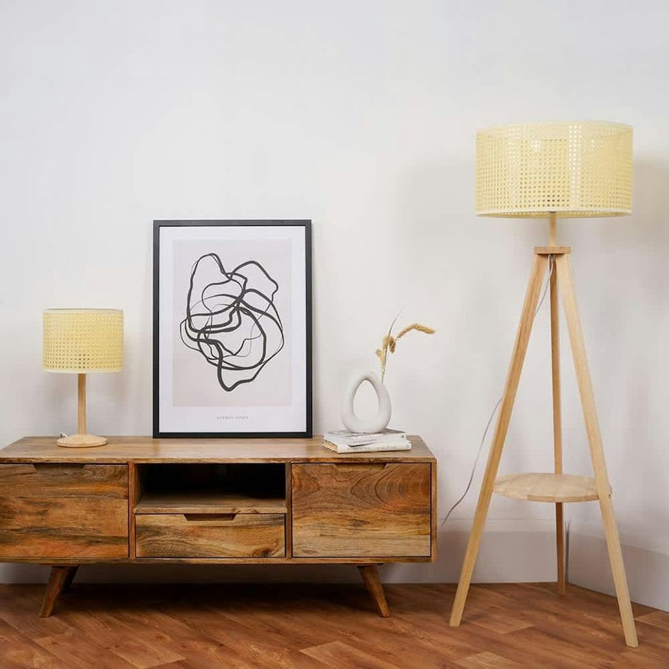 image 1 of ValueLights Morrigan Wicker Shade Wooden Tripod Floor Lamp Cream