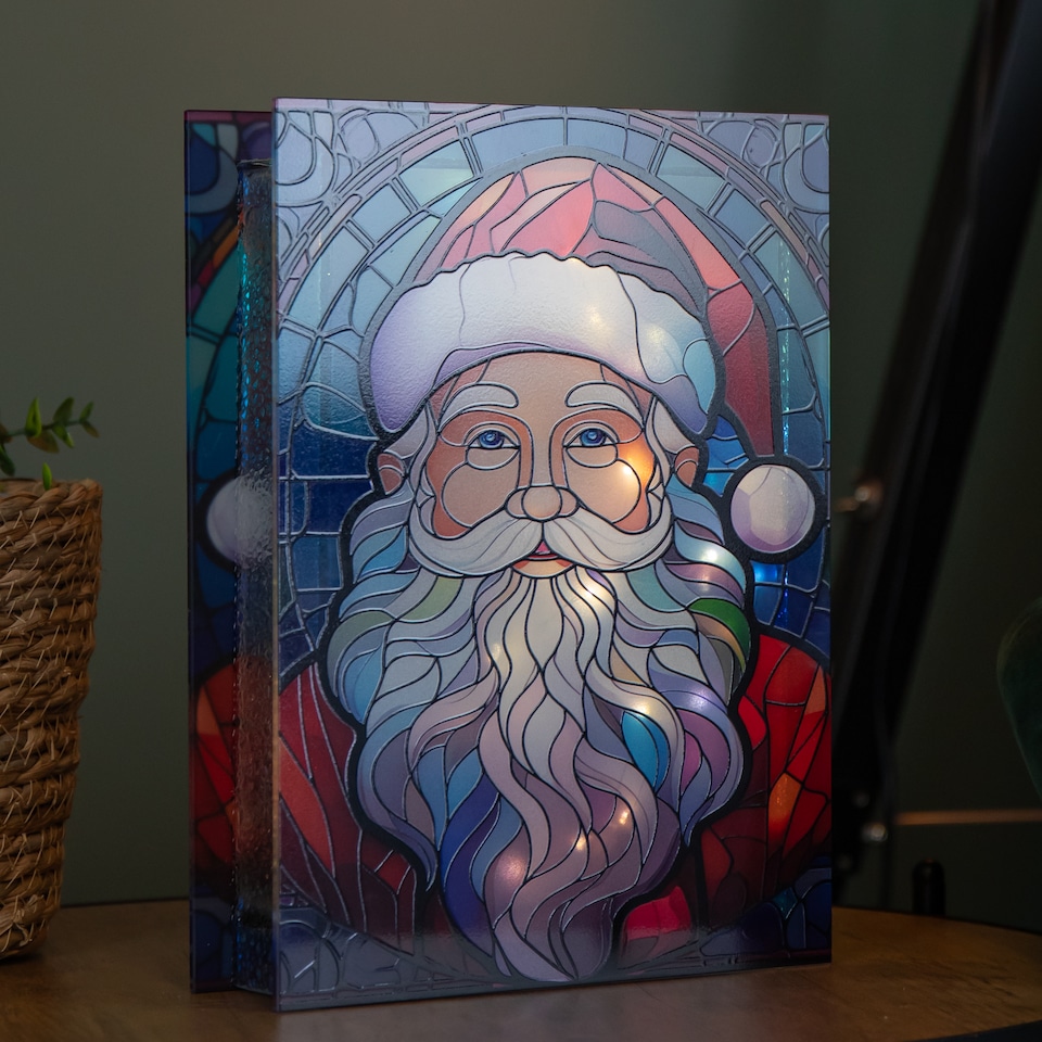 image 1 of 28cm Battery Powered Light up Glass Christmas Decoration with Santa & Warm White LEDs