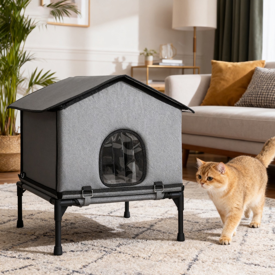 image 1 of PawHut Outdoor Cat House, Waterproof Insulated Cat Kennel with Elevated Base, Cushion, Foldable Feral Kitty Shelter for Indoor Outdoor Kittens, Grey