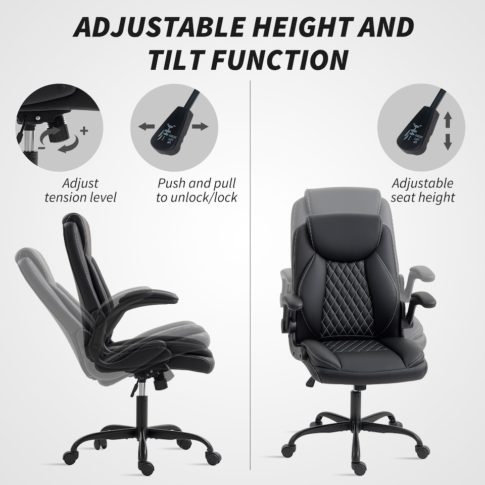image 1 of HOMCOM Executive Office Chair with Flip-Up Armrests, PU Leather Computer Desk Chair with Thick Cushion, Tilt Function, Height Adjustable for Home, Black | Black
