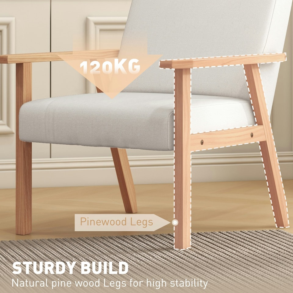 image 1 of HOMCOM Accent Chair with Wood Frame Wide Seat Linen Armchair Cream White