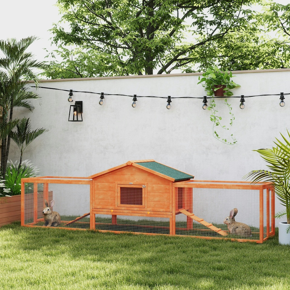 image 1 of PawHut Rabbit Hutch, Wooden Bunny House w/ Tray & Ramps, for Garden, Orange