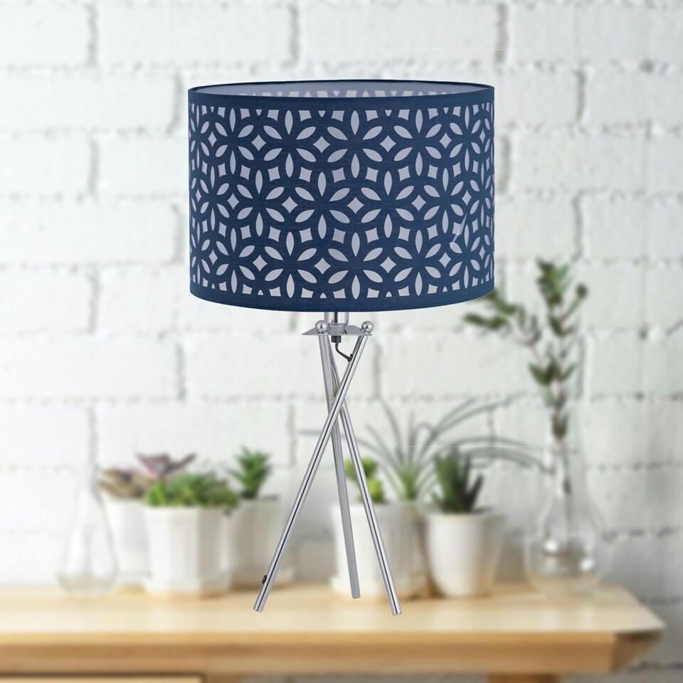 image 1 of First Choice Lighting Set of 2 Chrome Tripod Table Lamps with Navy Blue Laser Cut Shades Chrome | Blue