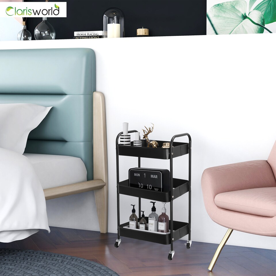 image 1 of Clarisworld 3 Tier Rolling Utility Cart, Metal Storage Trolley with Lockable Wheels & Handles, Mobile Storage Cart Organiser, Storage Rack for Kitchen, Bathroom, Bedroom, Office & Laundry Room