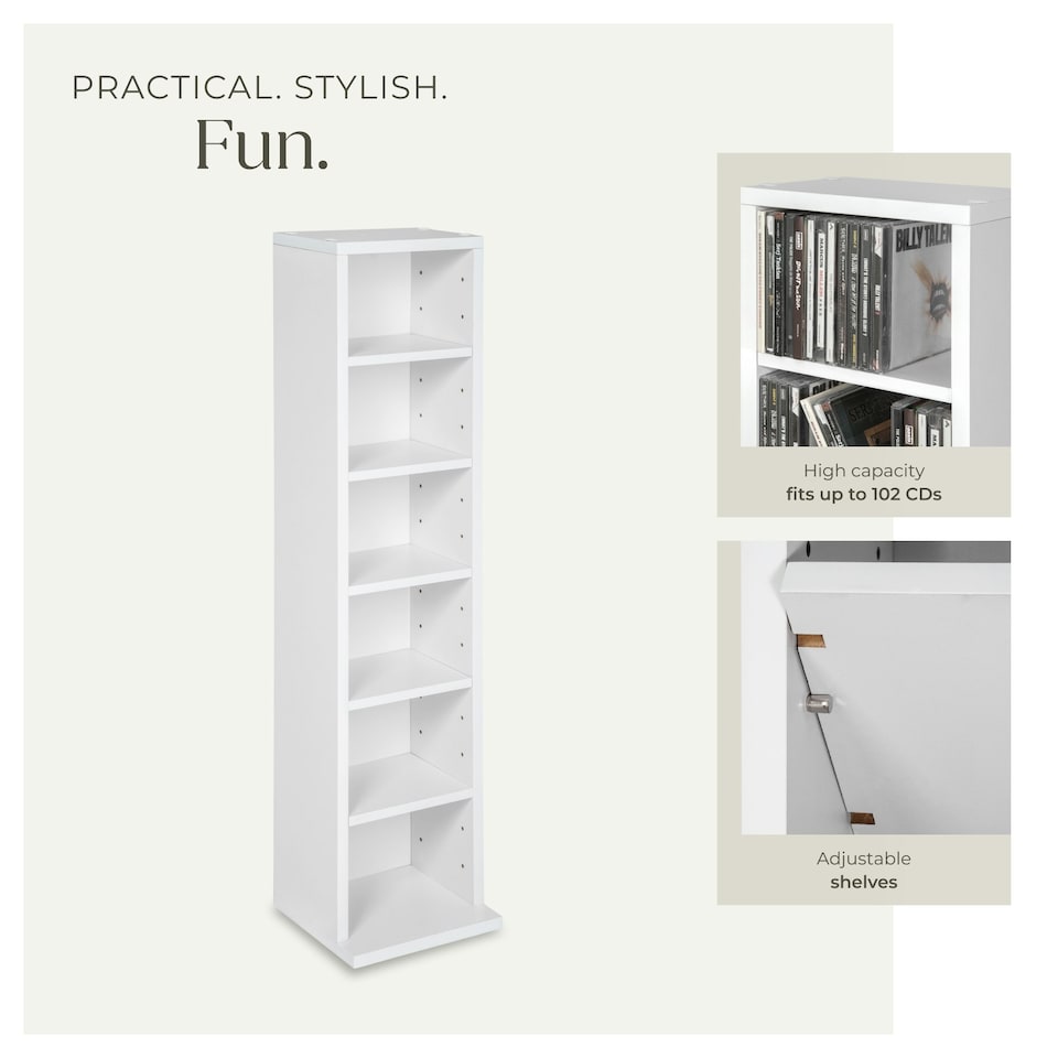 image 1 of CD DVD Storage Tower Media Display Unit Adjustable Shelves Wood Effect 102 CDs or 27 DVDs White
