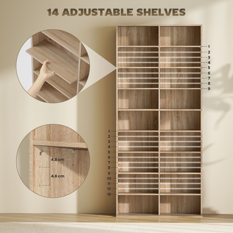 image 1 of HOMCOM 640 CD360 DVD Storage Unit, Blu-ray Media Storage Shelf with 18 Compartments and 14 Adjustable Shelves, CD Tower for Living Room, Bedroom, Office, Nature Wood Finish | Brown