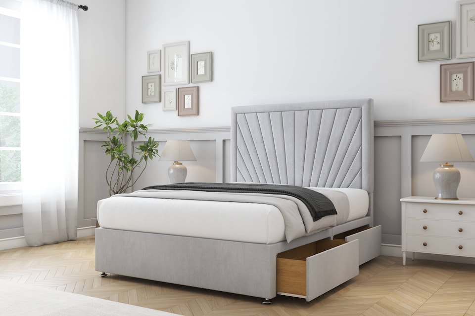 image 1 of Sloomy Somerset Silver Naples Divan Bed With Mattress 2 Drawers Footend With 26" Strutted Headboard 5' King | Silver | Silver | King | 1