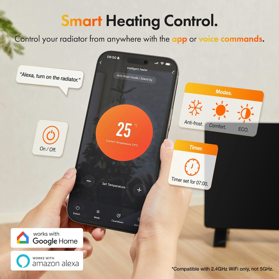 image 1 of VonHaus Electric Heater 2000W Glass Panel Radiator with WiFi