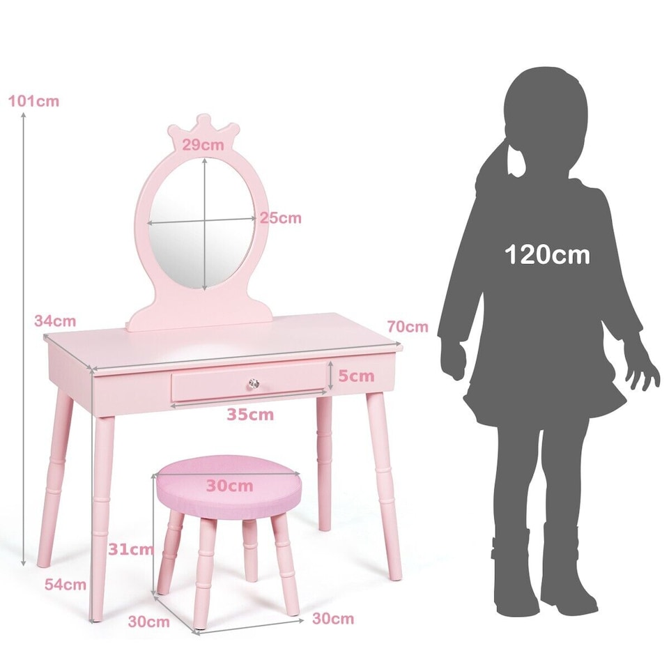 image 1 of COSTWAY Pretend Makeup Dressing Table Kids Vanity Table Pink