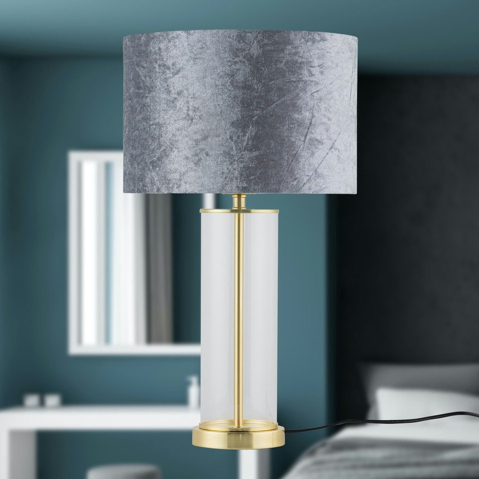 image 1 of Set of 2 Aura - Satin Brass Lamps with Grey Crushed Velvet Shades Bronze | Grey