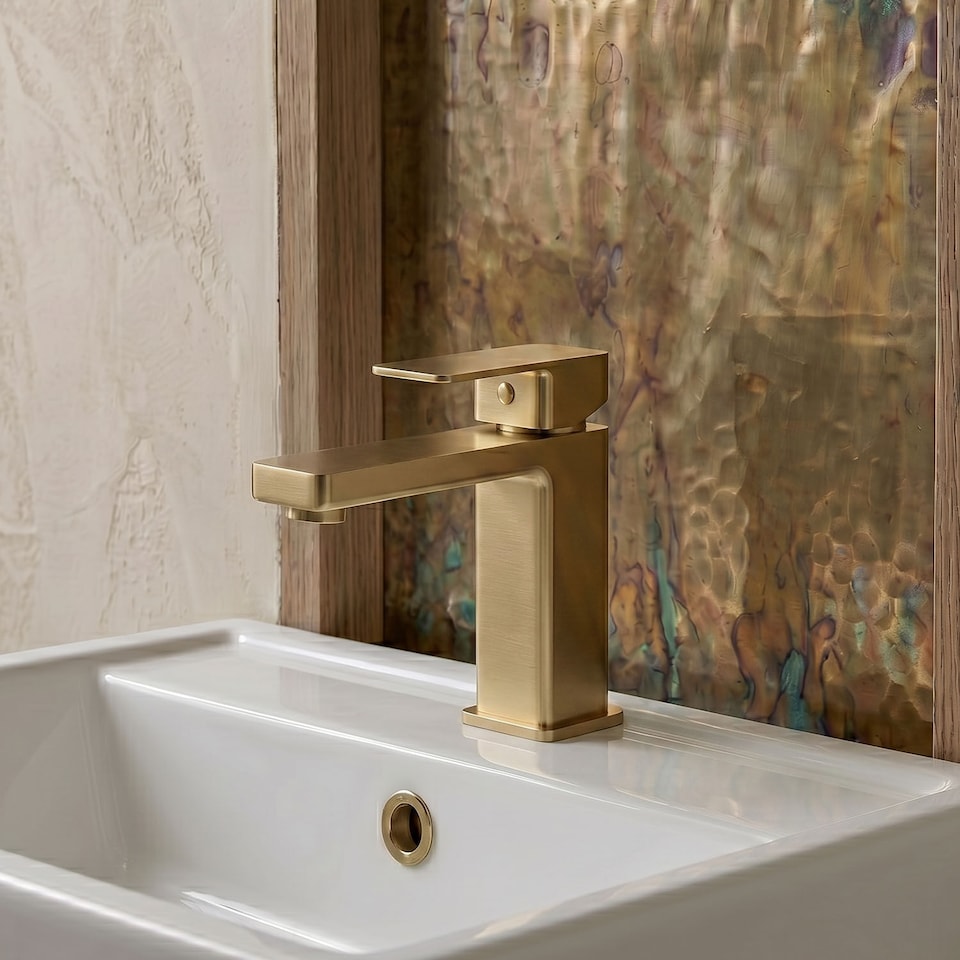 image 1 of Balterley Square Mono Basin Mixer Bathroom Sink Tap with Push Button Waste, Dual Lever Control | Copper | Brushed Brass | 1