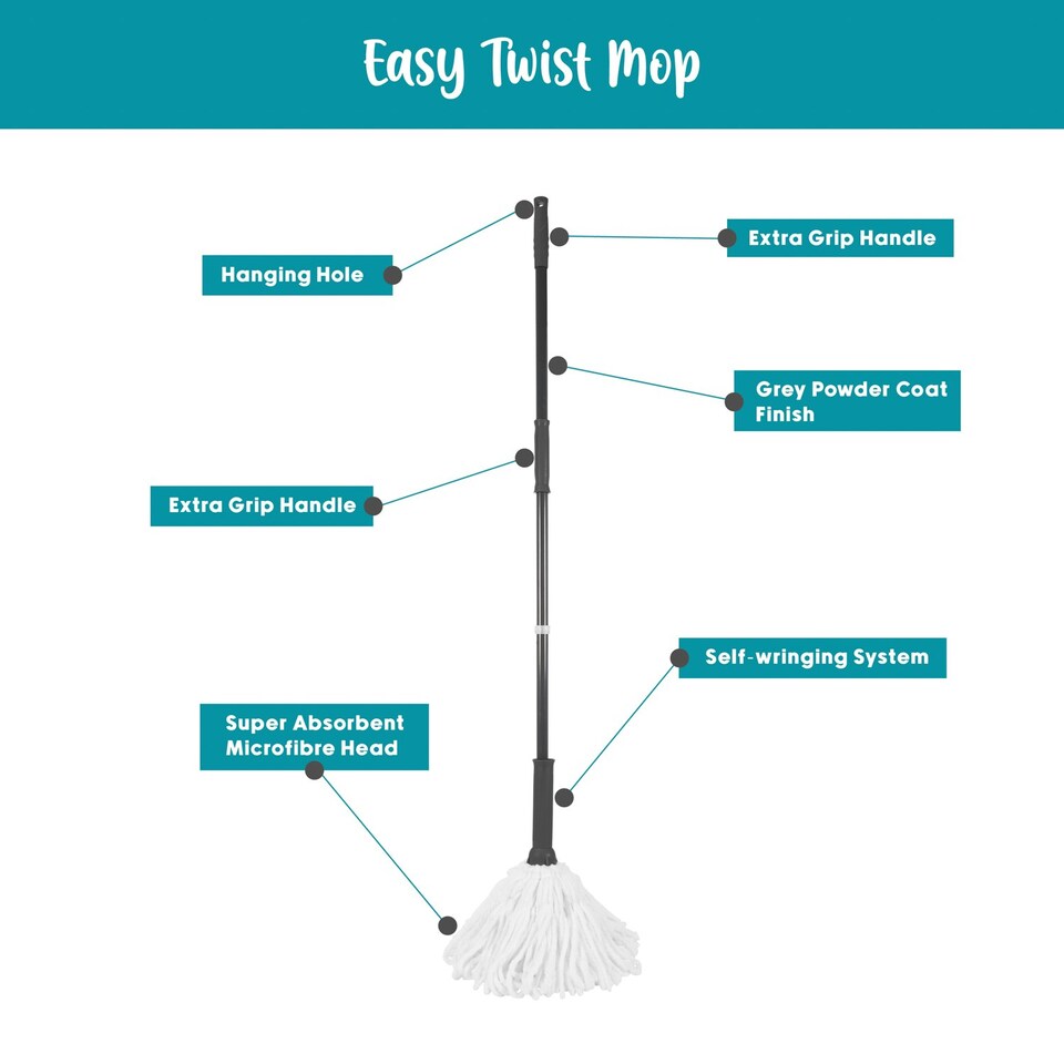 image 1 of JVL Super-Absorbent Easy Twist Microfibre Floor Mop, Grey