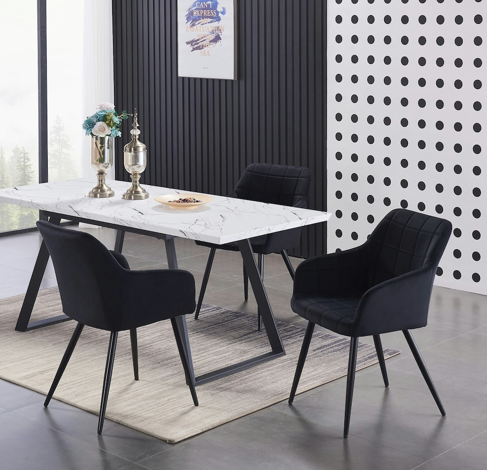 image 1 of Set of 4 Camden Modern Velvet Dining Chairs with Armrests, Quilted Design & Black Metal Legs | Black