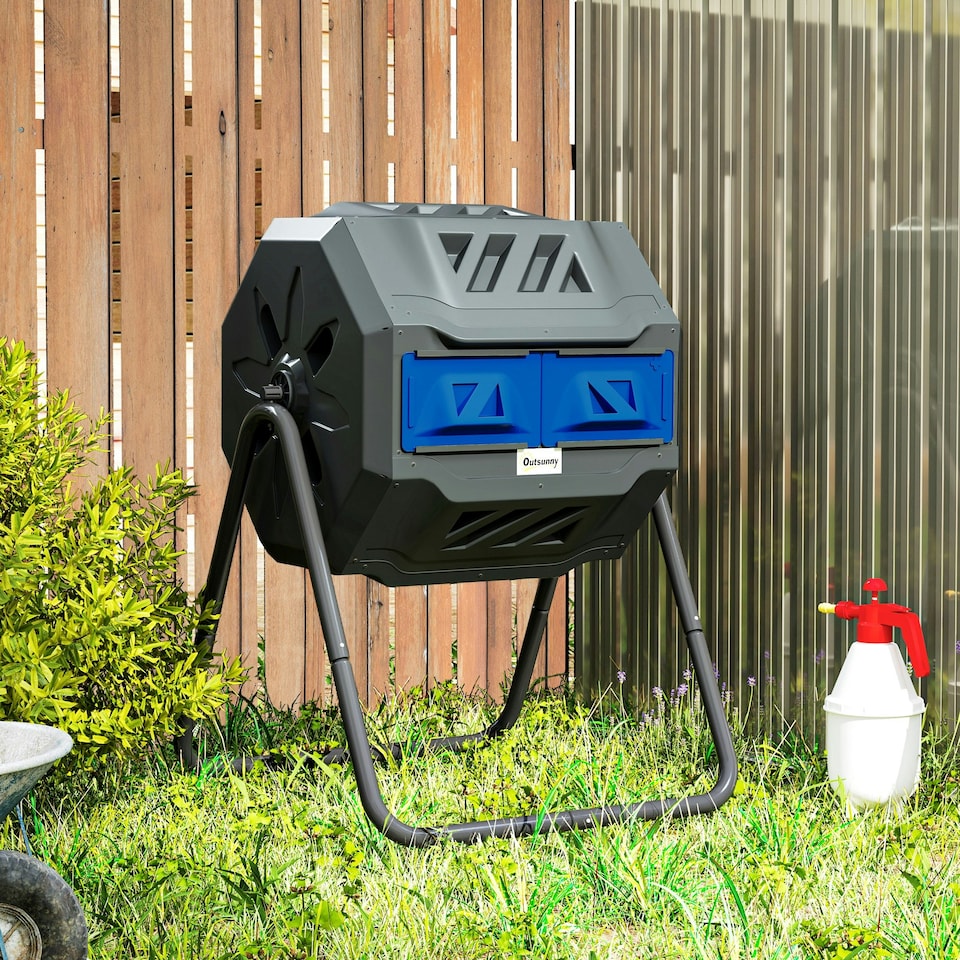 image 1 of Outsunny 160L Outdoor Tumbling Compost Bin with Dual Chamber Blue | Blue | One Size
