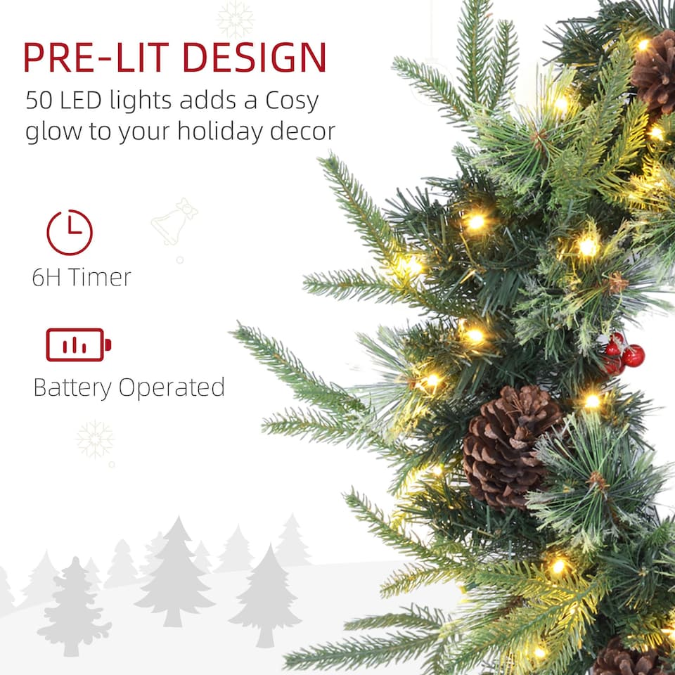 image 1 of HOMCOM 60cm Christmas Wreath with LED Lights Pine Cones Red Berries Green