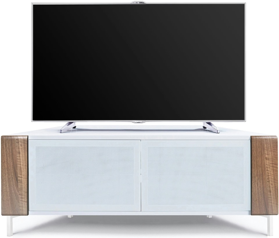 image 1 of MDA Designs CORVUS Corner-Friendly Gloss White Contemporary Cabinet with Walnut Profiles White BeamThru Glass Doors Suitable for Flat Screen TVs up to 50" | Multi | 1