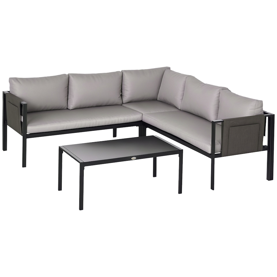 image 1 of Outsunny 5 Seater Garden Corner Sofa Set, 4 Pieces Metal Garden Furniture Set with Loveseats, Glass Top Coffee Table, Breathable Mesh Pocket, Outdoor Conversation Furniture with Cushions, Light Grey