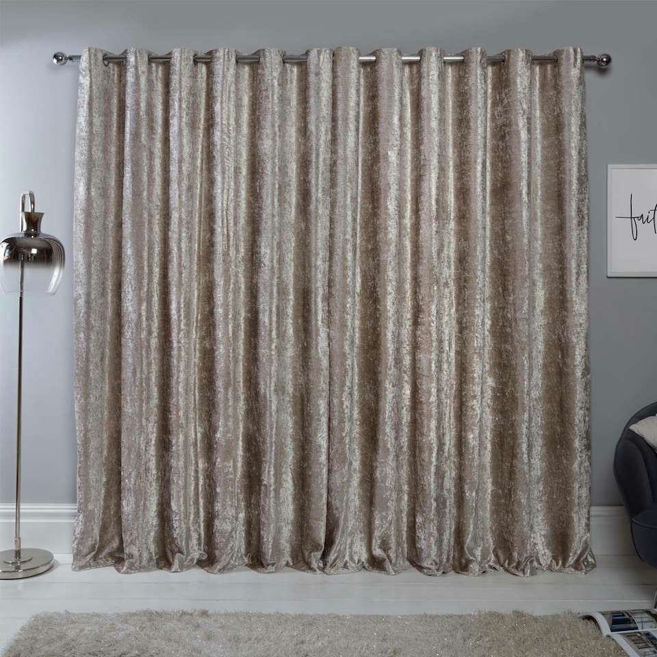 image 1 of OHS Luxury Soft Crushed Velvet Lined Eyelet Curtains, 46x54" - Natural