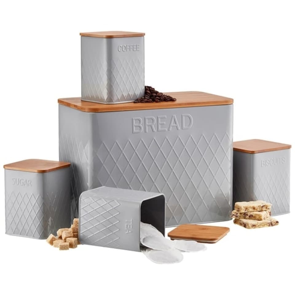 image 1 of Cooks Professional Kitchen Storage Set | 5-Piece Square with Bamboo Lids | Bread Biscuit Tea Coffee Sugar | White