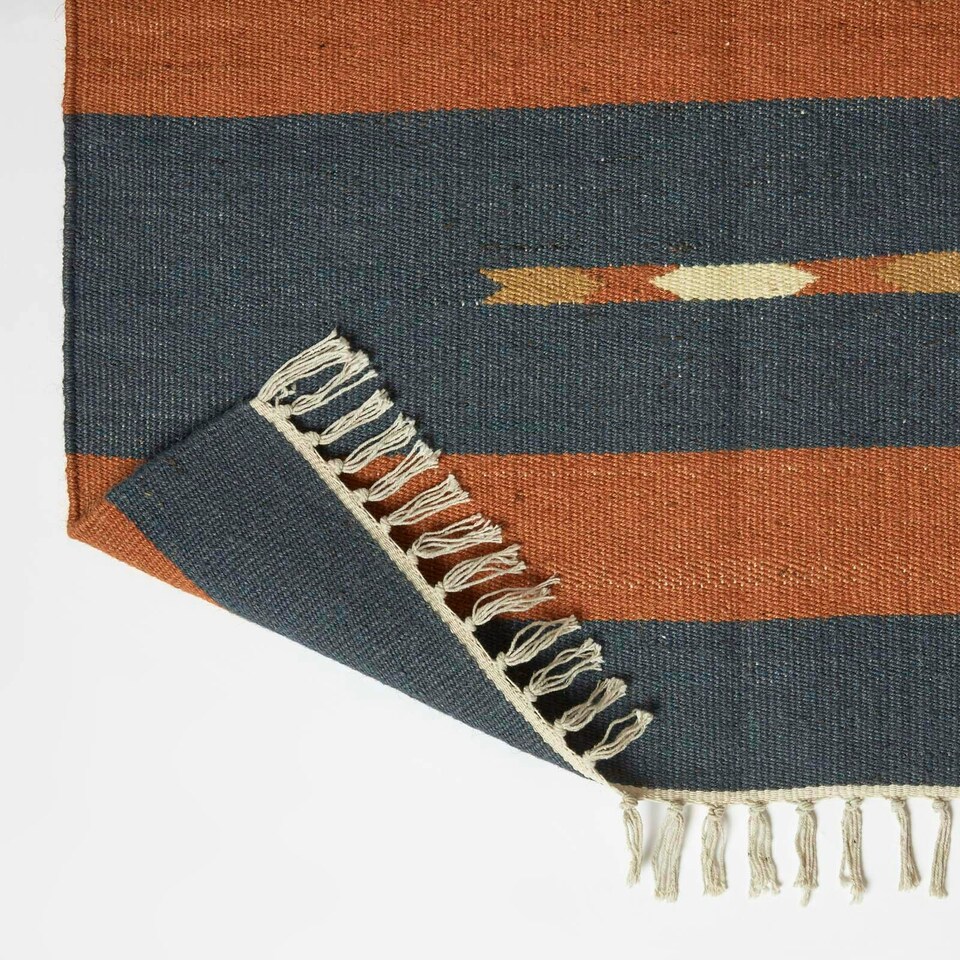 image 1 of Homescapes Lundi Orange and Blue Kilim Runner Cotton and Jute Rug - 80 x 180 cm