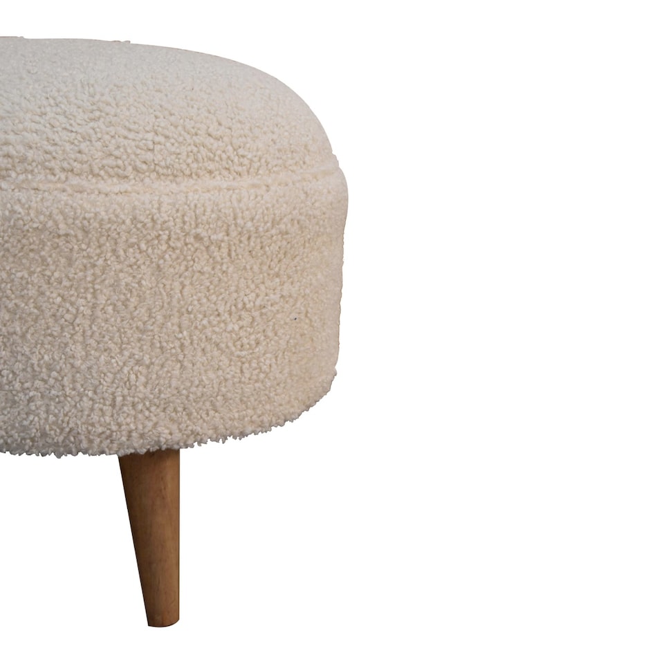 image 1 of Artisan Furniture Solid Wood Cream Boucle Rounded Footstool, Upholstered, Brown and Cream