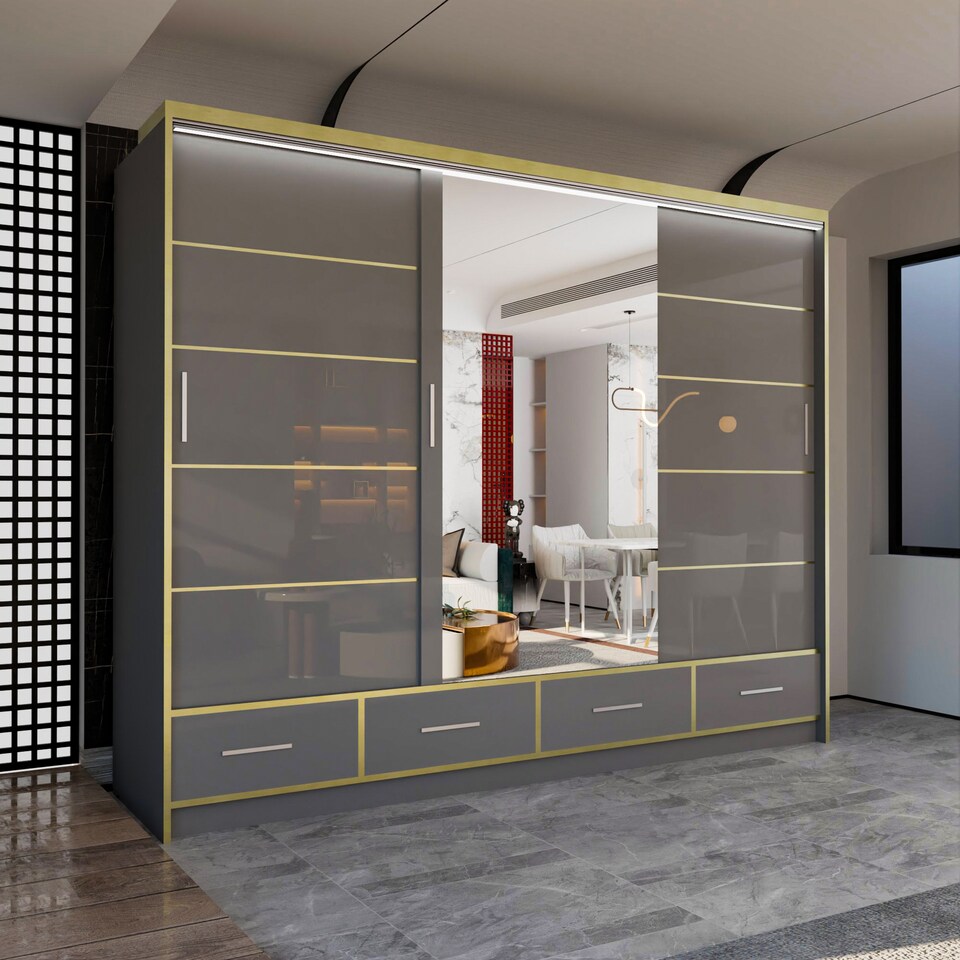 image 1 of Sliding Wardrobes 4U Sydney High Gloss Sliding Wardrobe with Mirror, LED & Drawers - 203cm or 253cm | Grey | Grey203cm | 253cm