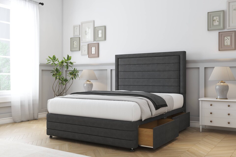 image 1 of Sloomy Ashford Graphite Dumfries Divan Bed Base 2 Drawers Left Side With 54 Inch Floor Standing Headboard & 12 Inch Matching Footboard | Grey | Graphite | Small Single | 1