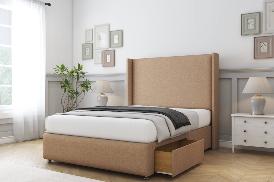 image 1 of Sloomy Stratford Latte Dumfries Divan Bed Base 2 Drawers Foot-End With 54 Inch Wingback Headboard & 12 Inch Matching Footboard | Brown | Latte | King | 1