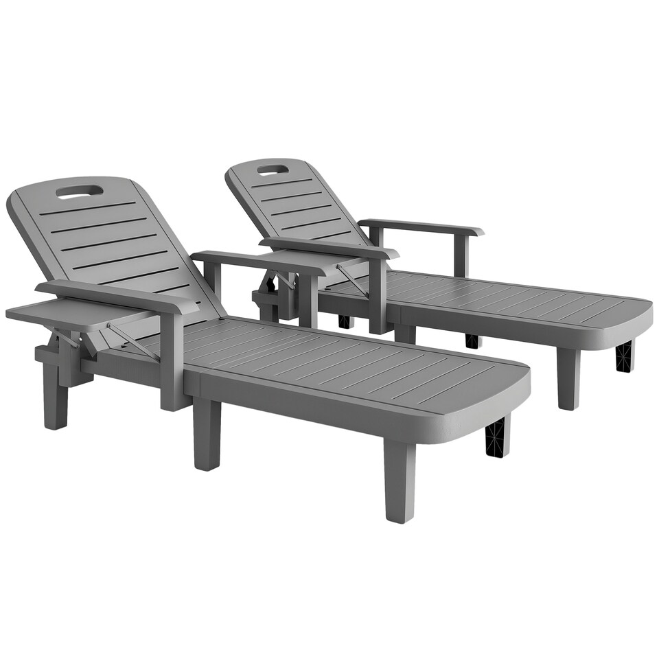image 1 of Outsunny Set of 2 Resin Reclining Sun Loungers for Garden, Dark Grey