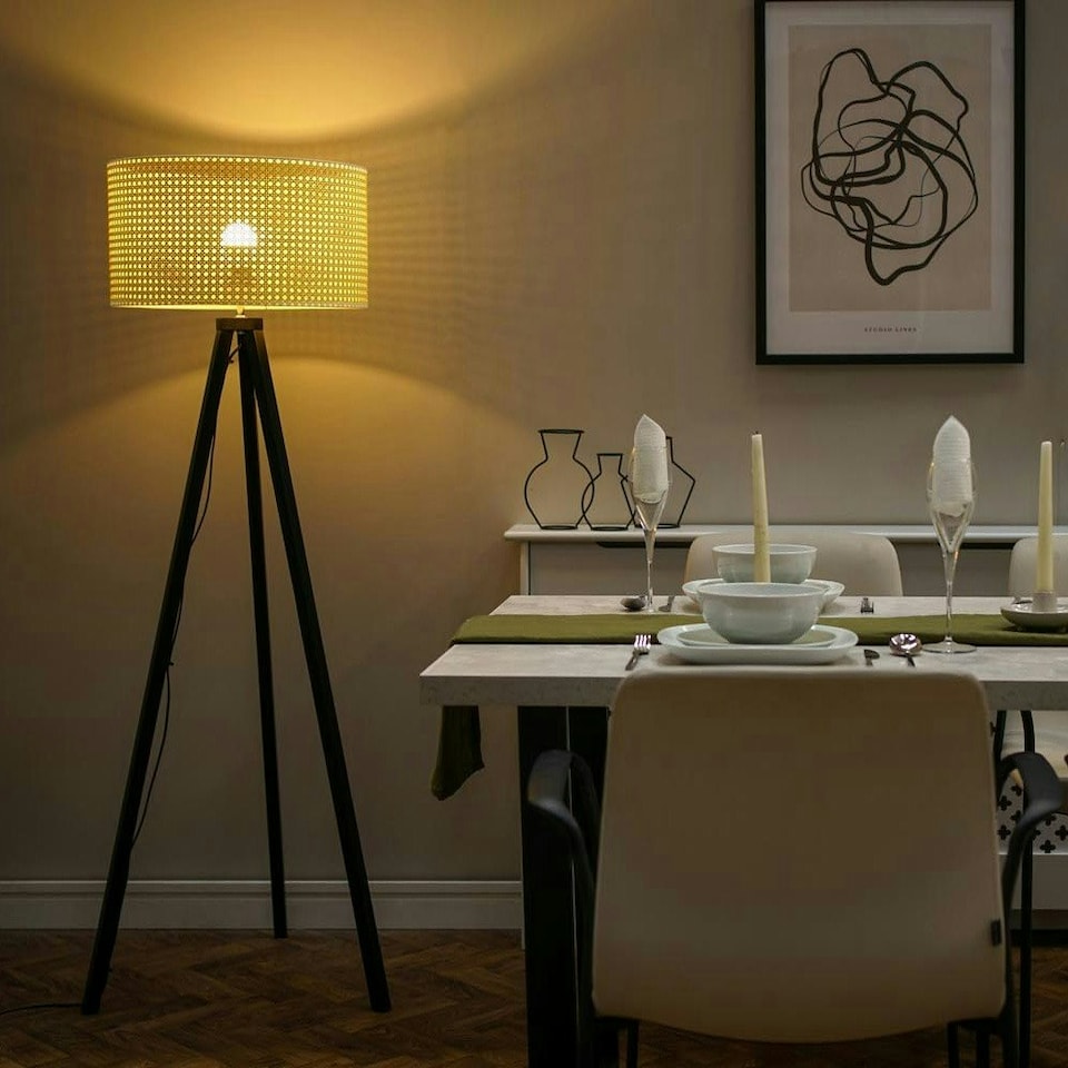image 1 of ValueLights Barbro Black Tripod Floor Lamp Wicker Shade & Bulb